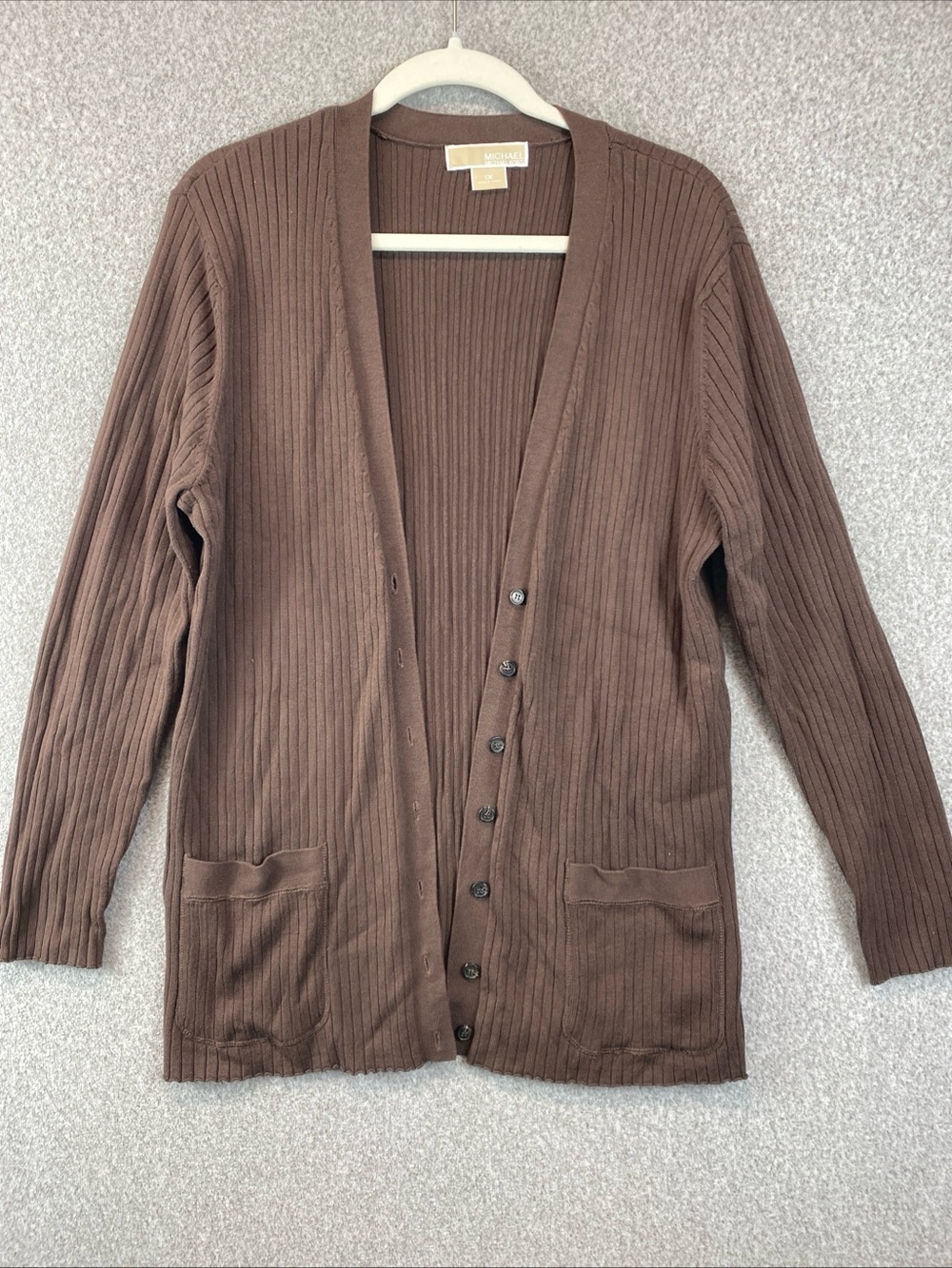 Michael Kors Women's Ribbed Cardigan Size 1X Brown Long Line Sweater Cozy